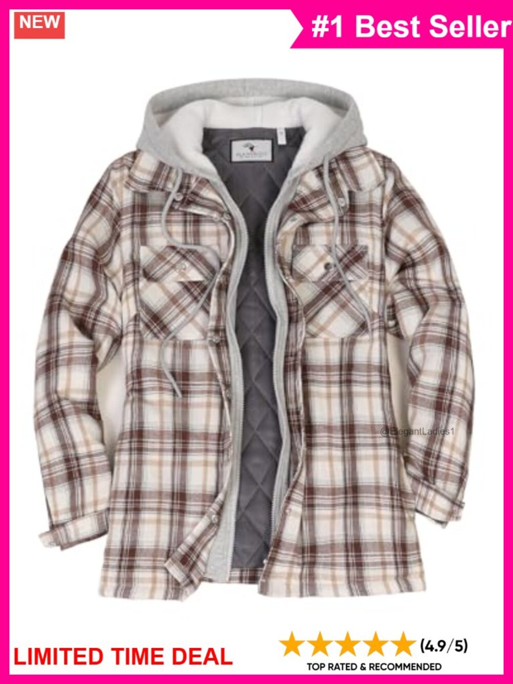 Womens Quilted Lined Flannel Jacket Hood Multi Pocket Plaid Shacket